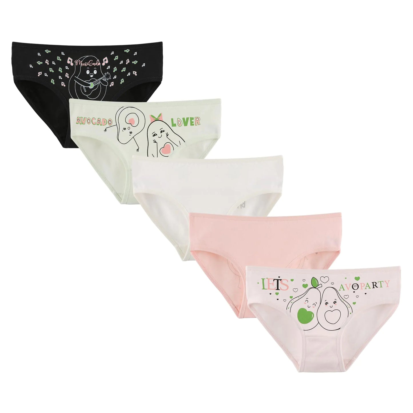 Donella Girls Soft Cotton Underwear - Kids Bikini Brief Panties for Girls and Toddlers 5-Pack Cheerful Avocados Age: 6-7