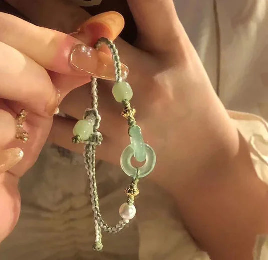 Jade Peace Buckle Bracelet with Braided Pearls