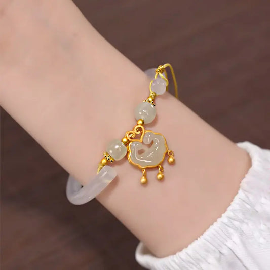 925 Silver Natural Hetian Jade Longevity Lock Bracelet