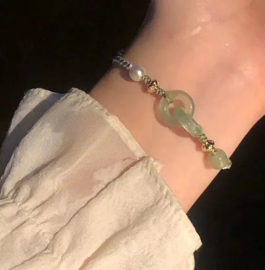 Jade Peace Buckle Bracelet with Braided Pearls