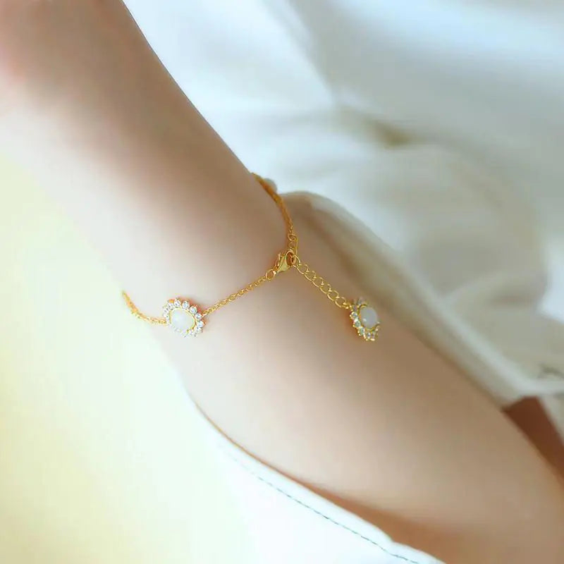 Natural Hetian Jade Daisy S925 Sterling Silver Bracelet